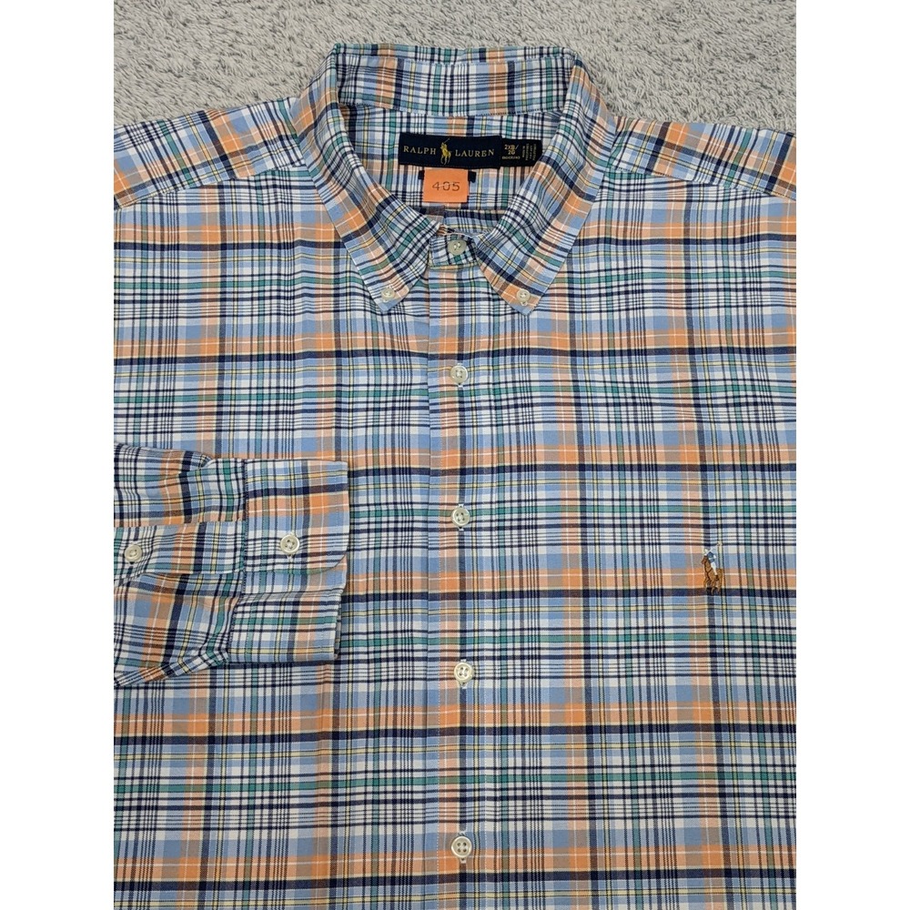Ralph Lauren Classic Fit Plaid Shirt Peach Blue Check‎ 2XB Naked Pony Preppy